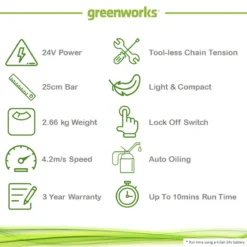 Greenworks 24v 25cm Chainsaw With 2Ah Lithium-ion Battery And Charger -Garden Tools Shop 237529 1