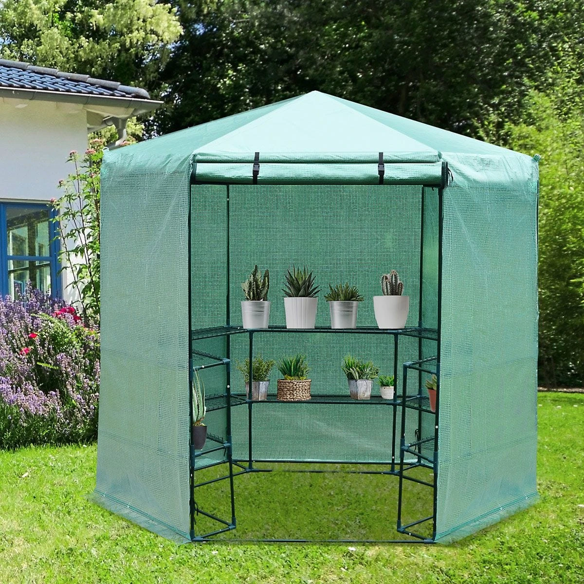 Outsunny 194 X 225cm Walk In Greenhouse 3-tier Garden Hexagon Grow Flower Plants 2 Outsunny 194 X 225cm Walk In Greenhouse 3-tier Garden Hexagon Grow Flower Plants - Image 2