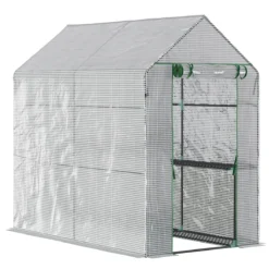 Outsunny Walk In Greenhouse W/Shelves Steeple Grow House 186x 120 X 190cm White/Green