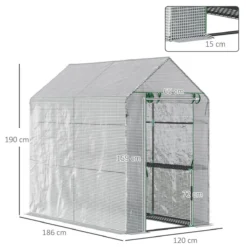 Outsunny Walk In Greenhouse W/Shelves Steeple Grow House 186x 120 X 190cm White/Green -Garden Tools Shop 308475 3