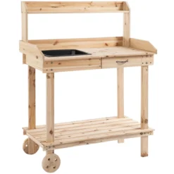 Outsunny Wooden Potting Bench Work Table W/ 2 Wheels