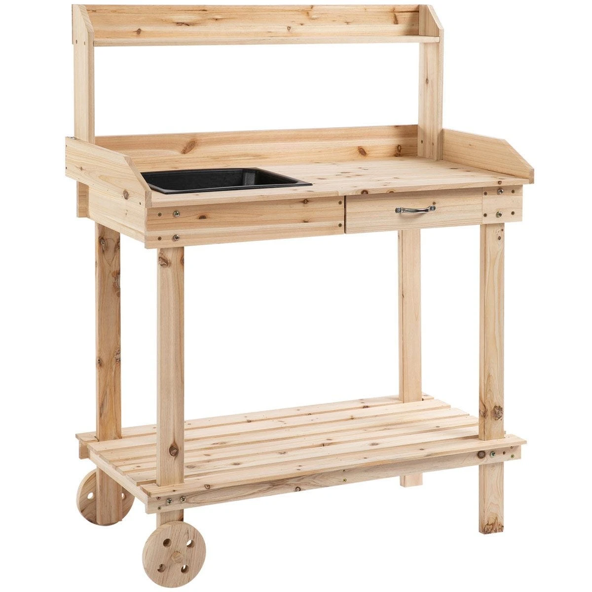 Outsunny Wooden Potting Bench Work Table W/ 2 Wheels 1 Outsunny Wooden Potting Bench Work Table W/ 2 Wheels