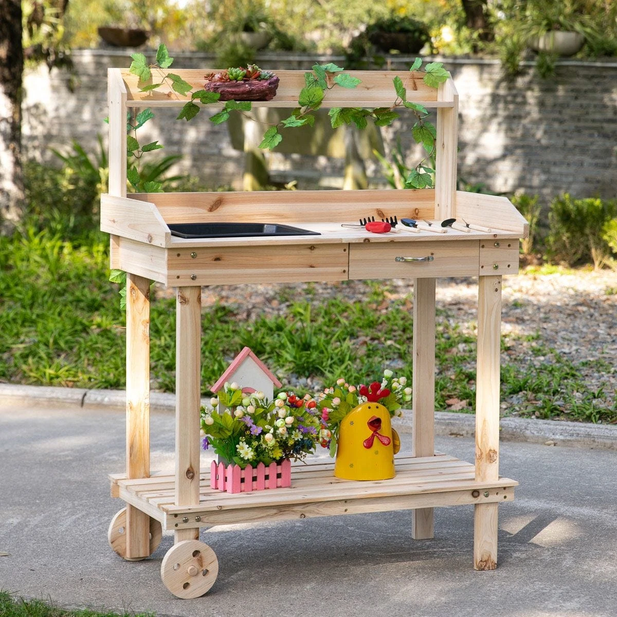 Outsunny Wooden Potting Bench Work Table W/ 2 Wheels 2 Outsunny Wooden Potting Bench Work Table W/ 2 Wheels - Image 2