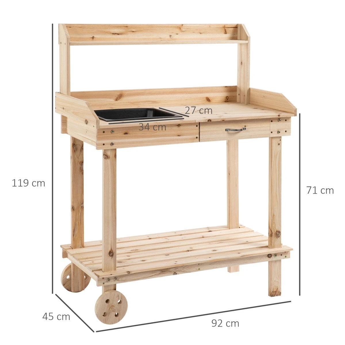 Outsunny Wooden Potting Bench Work Table W/ 2 Wheels 3 Outsunny Wooden Potting Bench Work Table W/ 2 Wheels - Image 3
