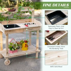 Outsunny Wooden Potting Bench Work Table W/ 2 Wheels 13 Outsunny Wooden Potting Bench Work Table W/ 2 Wheels -Garden Tools Shop 309303 5