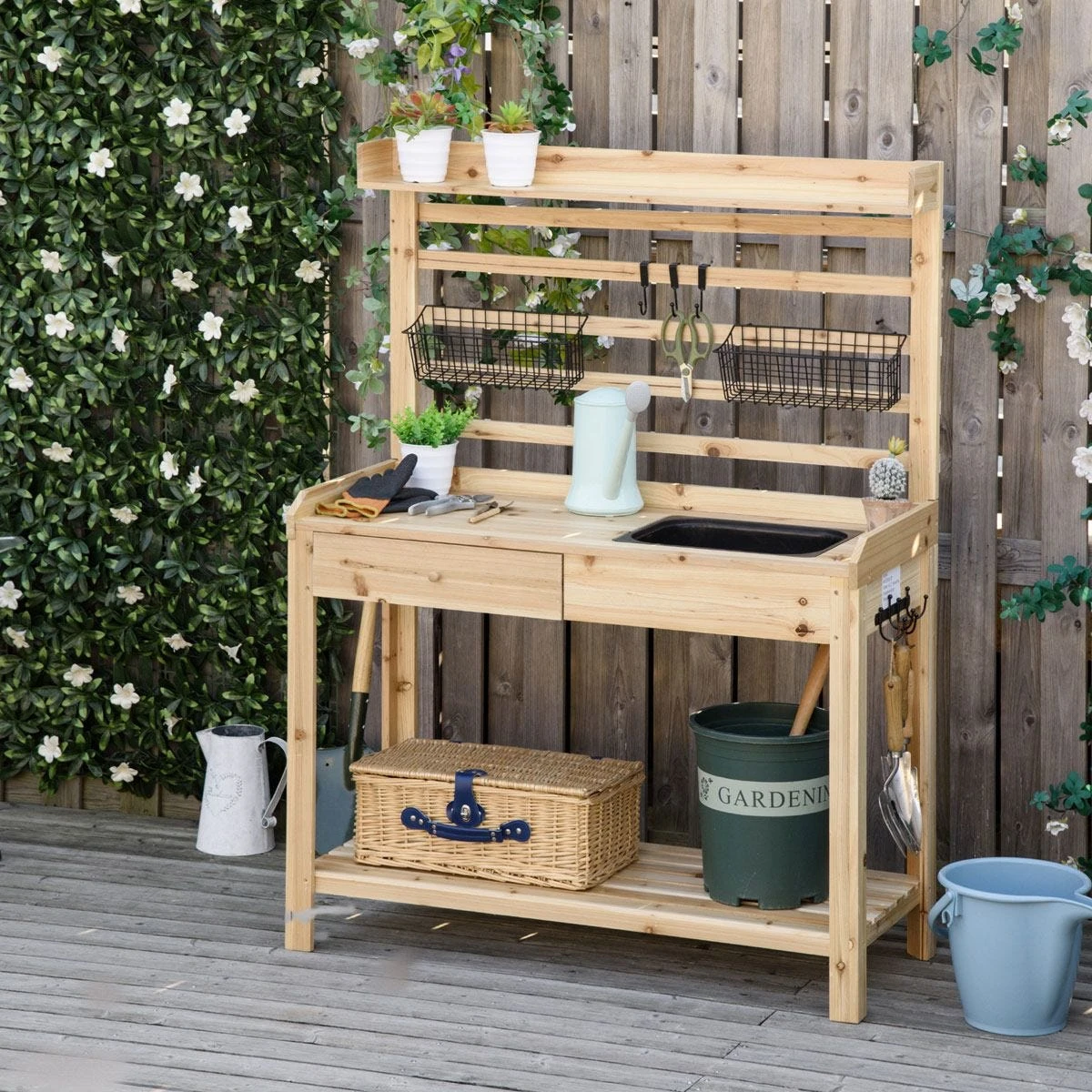 Outsunny Potting Bench Table W/ Sieve Screen Removable Sink Hooks And Basket 2 Outsunny Potting Bench Table W/ Sieve Screen Removable Sink Hooks And Basket - Image 2