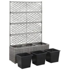 Vidaxl Trellis Raised Bed With 3 Pots 83x30x130cm Poly Rattan Grey -Garden Tools Shop 339796 4