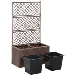 Vidaxl Trellis Raised Bed With 2 Pots 58x30x107cm Poly Rattan Brown -Garden Tools Shop 339797 4
