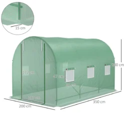 Outsunny 3.5 X 2m Walk-In Polytunnel Greenhouse, With Steel Frame, PE Cover, Roll-Up Door And 6 Windows - Green -Garden Tools Shop 399665 3