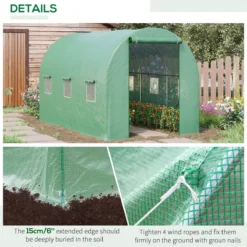 Outsunny 3.5 X 2m Walk-In Polytunnel Greenhouse, With Steel Frame, PE Cover, Roll-Up Door And 6 Windows - Green -Garden Tools Shop 399665 5