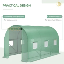 Outsunny 3.5 X 2m Walk-In Polytunnel Greenhouse, With Steel Frame, PE Cover, Roll-Up Door And 6 Windows - Green -Garden Tools Shop 399665 6