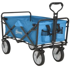Outsunny Pull Along Cart Folding Cargo Wagon Trailer Trolley For Beach Garden Use With Telescopic Handle - Blue
