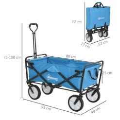Outsunny Pull Along Cart Folding Cargo Wagon Trailer Trolley For Beach Garden Use With Telescopic Handle - Blue -Garden Tools Shop 399683 3