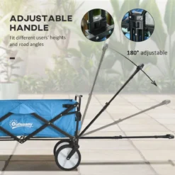 Outsunny Pull Along Cart Folding Cargo Wagon Trailer Trolley For Beach Garden Use With Telescopic Handle - Blue -Garden Tools Shop 399683 5